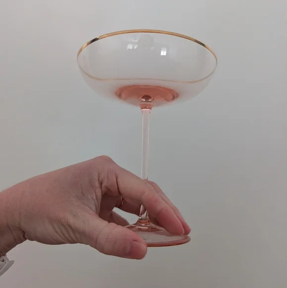 Anthropologie Elegant Pink Glass Champagne Coupe with Gold Rim - Picture 6 of 11